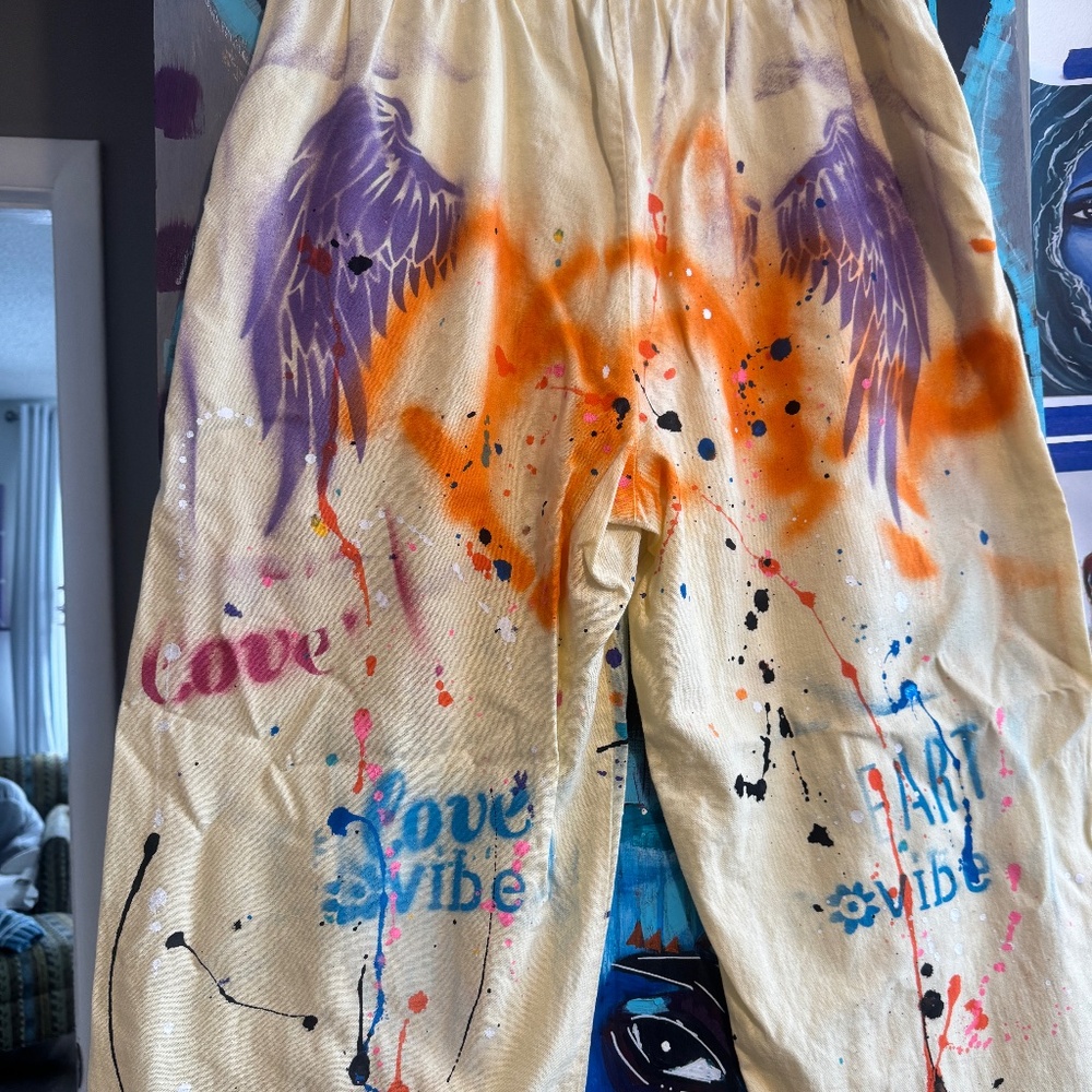 Hand-Painted Celestial Soul Graffiti Linen Blend Streetwear Pants - Large